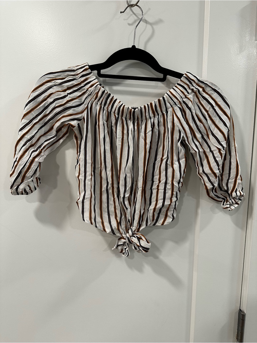 NWT Pull&Bear Striped Puff Sleeve Tie Front Blouse Size S